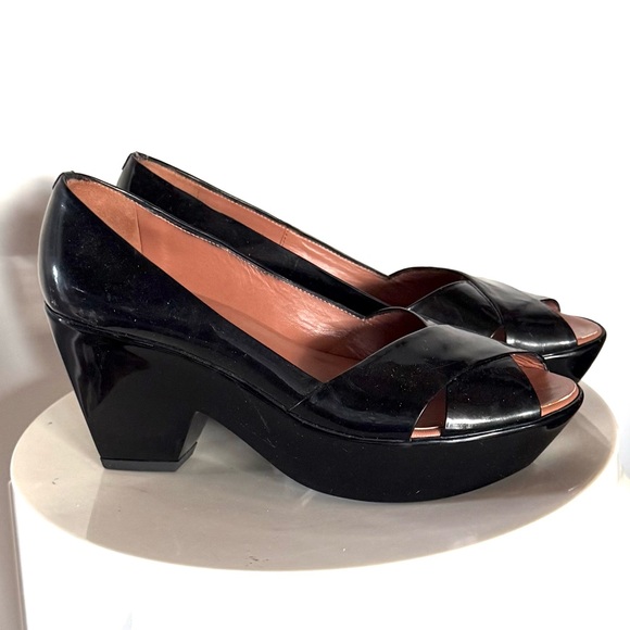 Vicini Shoes - Vicini Tapeet Black Patent Leather Platform Peep Toe Heels Shoes